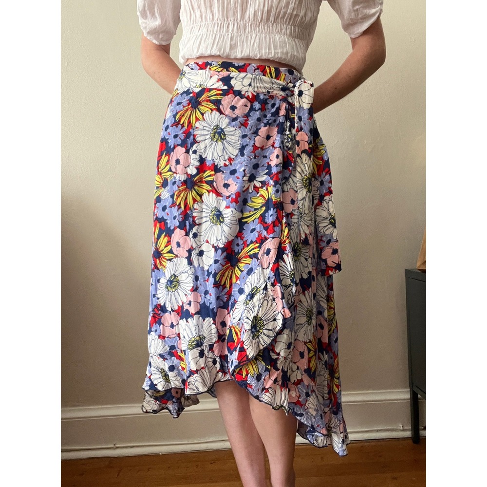 Maeve Anthropologie Floral Wrap Skirt Blue Pink Red Ruffle High Low Midi XS